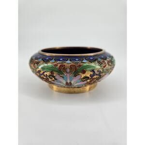20th Century Chinese Cloisonne Champleve Enamel Floral Shallow Brass Bowl 4"